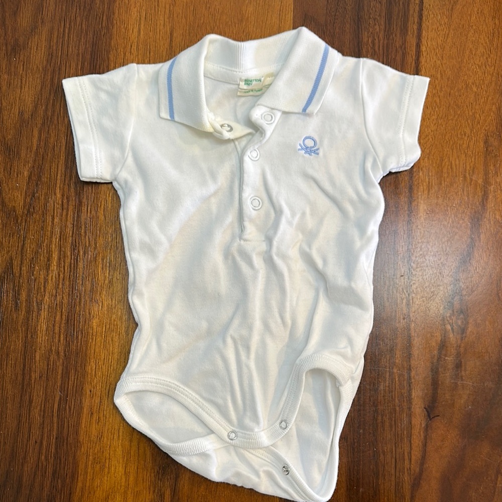 United Colors Of Benetton White and Blue Bodysuit Polo Collar